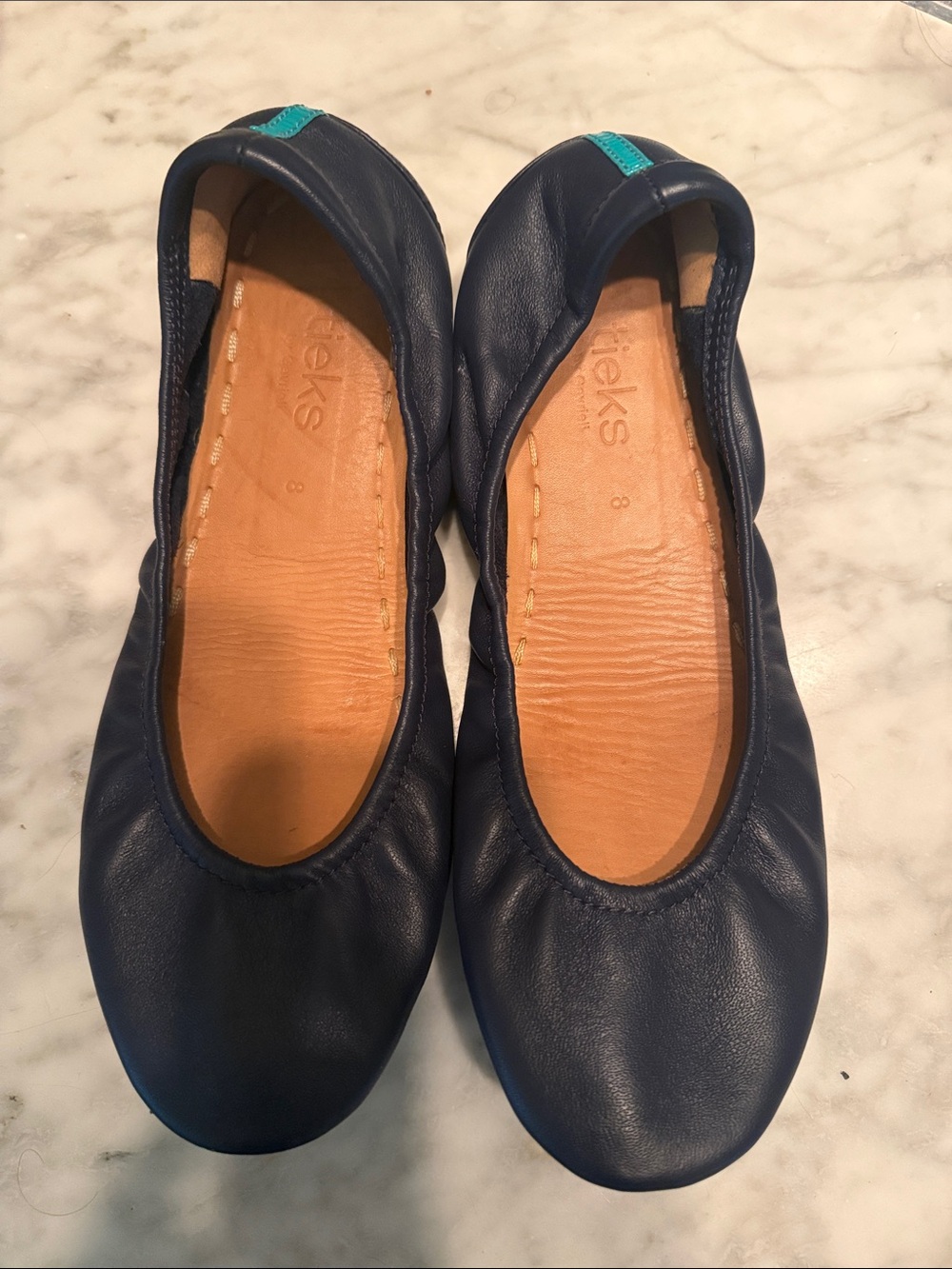 Tieks Navy Leather Ballet Flats with Teal Heel Tab Accent